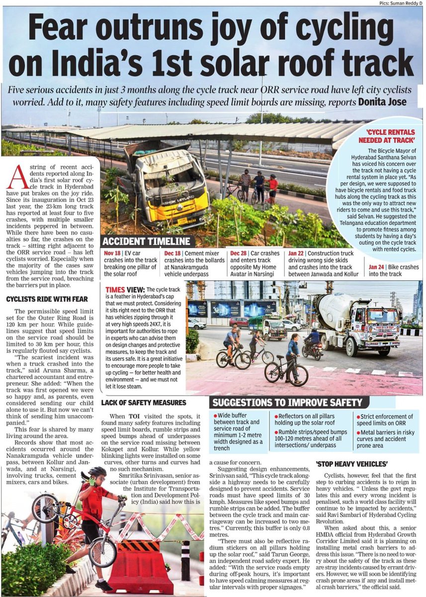sselvan's tweet photo. Thank you @timesofindia @TOIHyderabad @DonitaJose for having our voices heard out loud to the world!

Respected sirs and madams,

@TelanganaCMO @revanth_anumula @TSMAUDOnline @HMDA_Gov @md_hgcl @healthway11023 @Kmv_Spaces 

Request your kind attention for couple of important items -
1) Safety of Cyclists to be retained with some measures highlighted @CPCyberabad @NHAI_Official @GadwalvijayaTRS @ZC_SLP 
2) Bicycle Rental (originally part of the design) but not yet implemented. This is a biggest enabler, without which we are at risk with the investment @KTRBRS @arvindkumar_ias 
3) Engagement in the track with Govt school kids @TSEduDept 

Thank you
@HydcyclingRev
