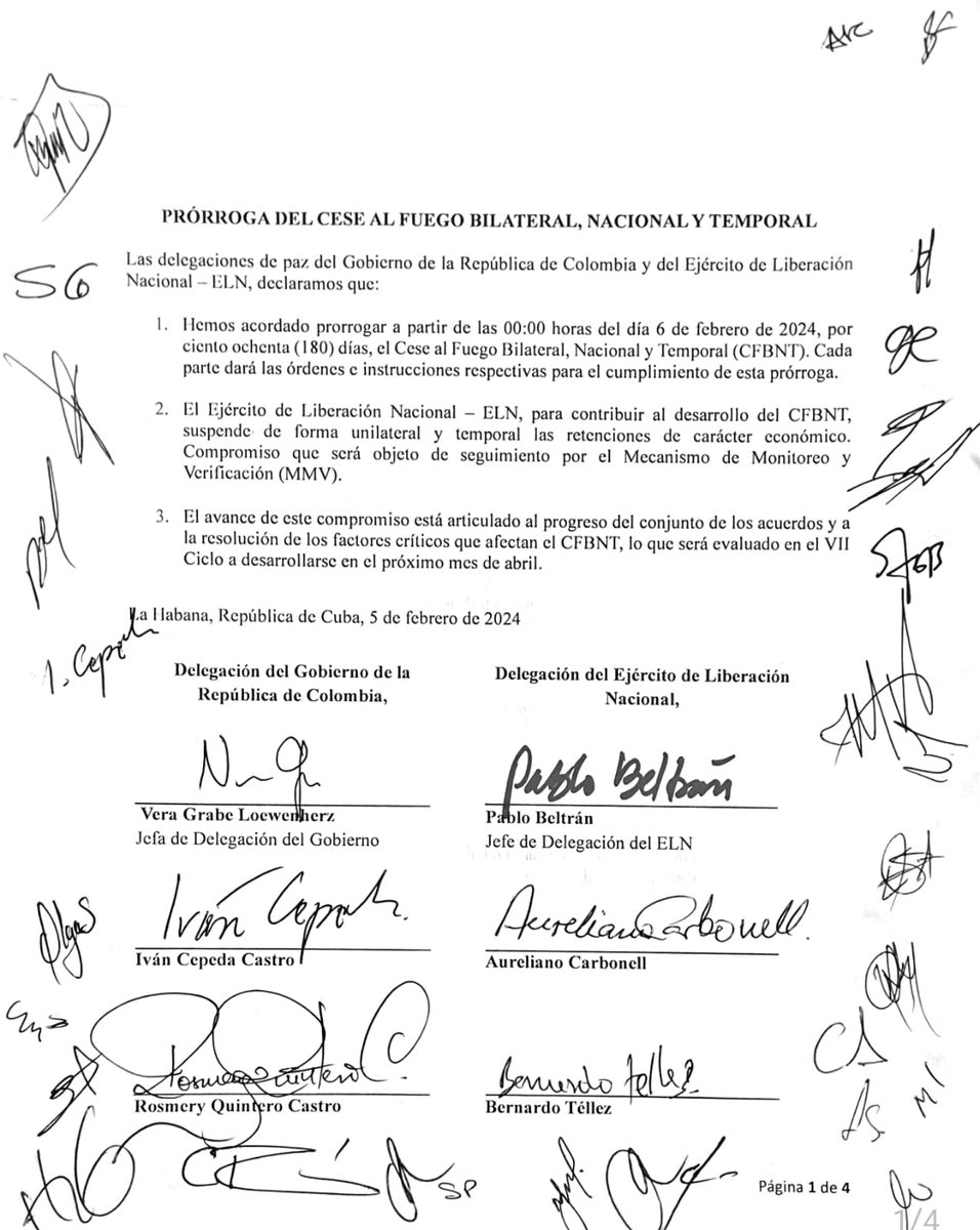 ComisionadoPaz's tweet photo. Prórroga del cese al fuego bilateral, nacional y temporal entre el Gobierno de la República de Colombia y el Ejército de Liberación Nacional – ELN. https://t.co/l5uzQQ6iKB