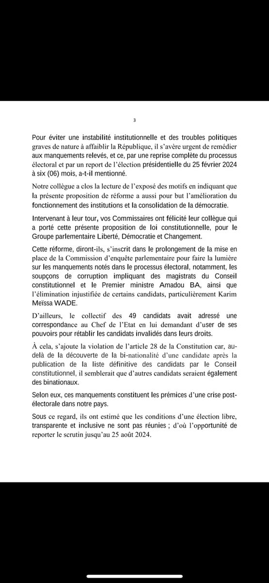 GalliamTinto's tweet photo. Rapport de la commission portant sur la proposition de loi constitutionnelle n°04/2024 portant dérogation aux dispositions de l’article 31 de la Constitution de la République du Sénégal.Un amendement proposant la tenue de l'élection présidentielle au 15 décembre 2024 a été adopté https://t.co/ehWqXXjEsk