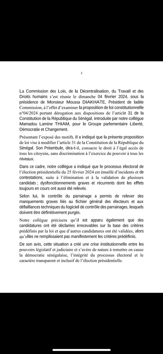 GalliamTinto's tweet photo. Rapport de la commission portant sur la proposition de loi constitutionnelle n°04/2024 portant dérogation aux dispositions de l’article 31 de la Constitution de la République du Sénégal.Un amendement proposant la tenue de l'élection présidentielle au 15 décembre 2024 a été adopté https://t.co/ehWqXXjEsk