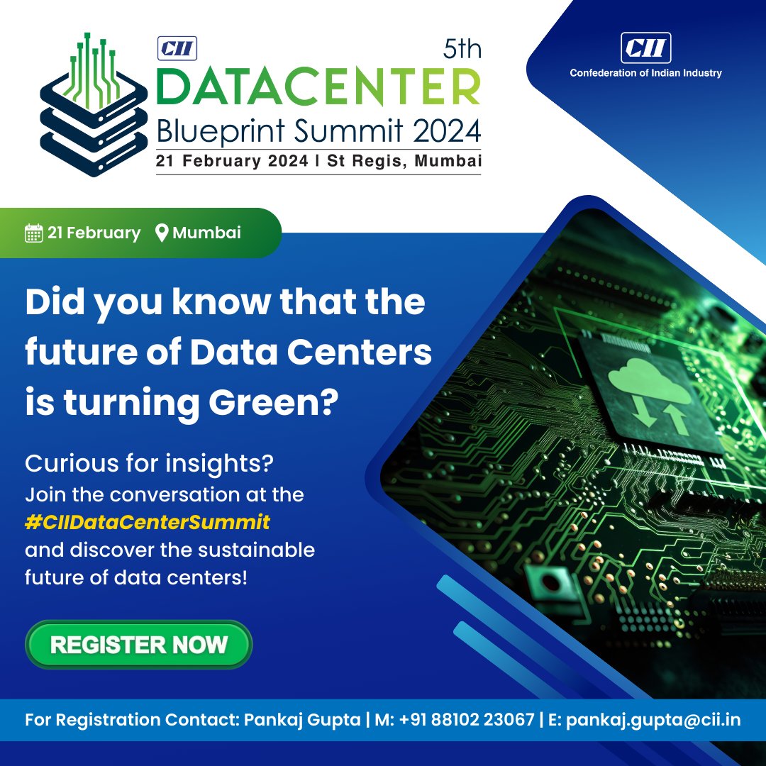 CII4WR's tweet photo. Ready to explore the depths of sustainable data centers and gain valuable insights? Join us at #CIIDataCenterSummit on February 21, 2024, in Mumbai.
Don't miss out! Register NOW https://t.co/OdCZUsvkwk
#CIIDataCenterSummit #greendatacenter #energyefficient #SmartDataCenters #FutureofData #DigitalIndia #India #data #datacenter #cloud #technology #cloudcomputing #tech #networking #server #network #dataprotection #it #software #database #informationtechnology #business #security #cloudservices #storage #datacenters #Mumbai