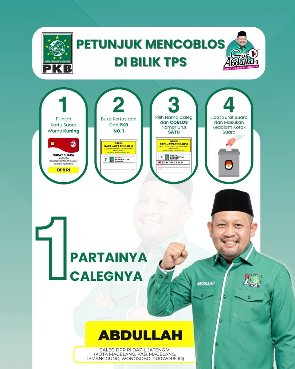 [Petunjuk Mencoblos di Bilik TPS]

Halo dulur-dulur🖐🏻
Tanggal 14 Februari sebentar lagi nih. Jangan lupa siapkan diri datang ke TPS di Pemilu Raya esok ya! Coblos Nomor 1, Gus Abdullah, Caleg dari PKB untuk DPR RI Dapil VI Jawa Tengah.

#pkb #gusabdullah #Pemilu2024 #calegdprri