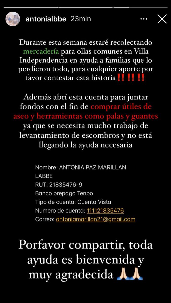 RECOLECTA EN AYUDA VILLA INDEPENDENCIA VIÑA DEL MAR
ig antonialbbe 

#IncendioEnChile #VinadelMar #Valparaiso #URGENTE #emergenciaincendios #campaña #ollacomun #Quilpue #MEGAINCENDIO