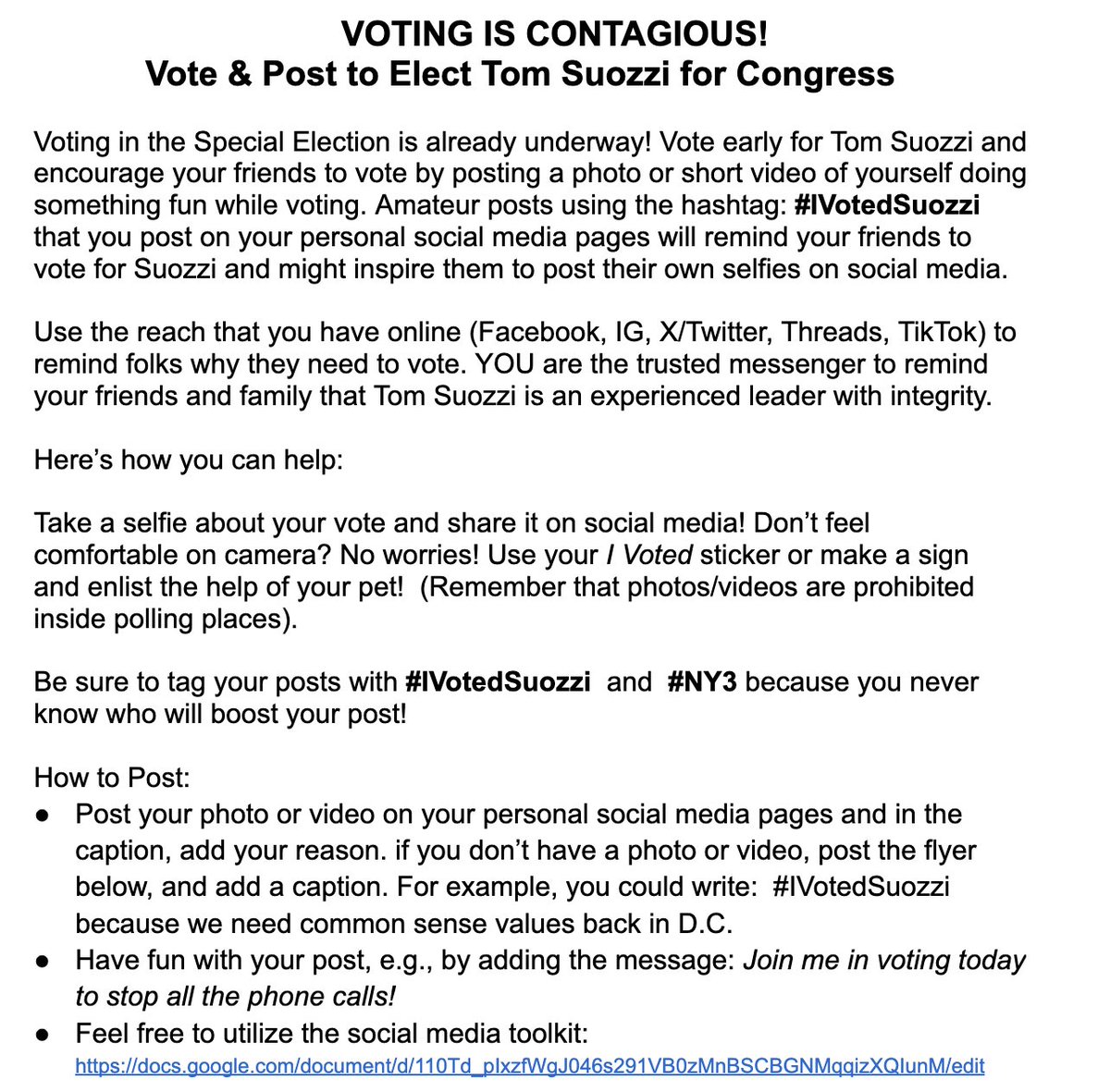 Voting is Contagious! Post a picture of yourself voting in the #NY03 Special Election with the hashtag #IVotedSuozzi and why you voted for Tom Suozzi! Access the text and social media toolkit in the linktree in our bio