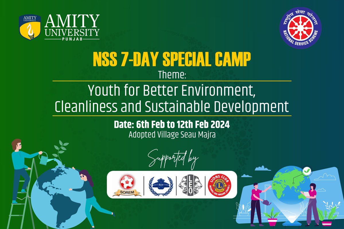 Amity NSS Units, Amity University Punjab is all set to organise a NSS 7-day Special #Camp in collaboration with SOREM School, Chandigarh and Lions Club; under the theme ”Youth for #BetterEnvironment, #Cleanliness and Sustainable #Development”.

#NSSCamp #AmityUniversityPunjab