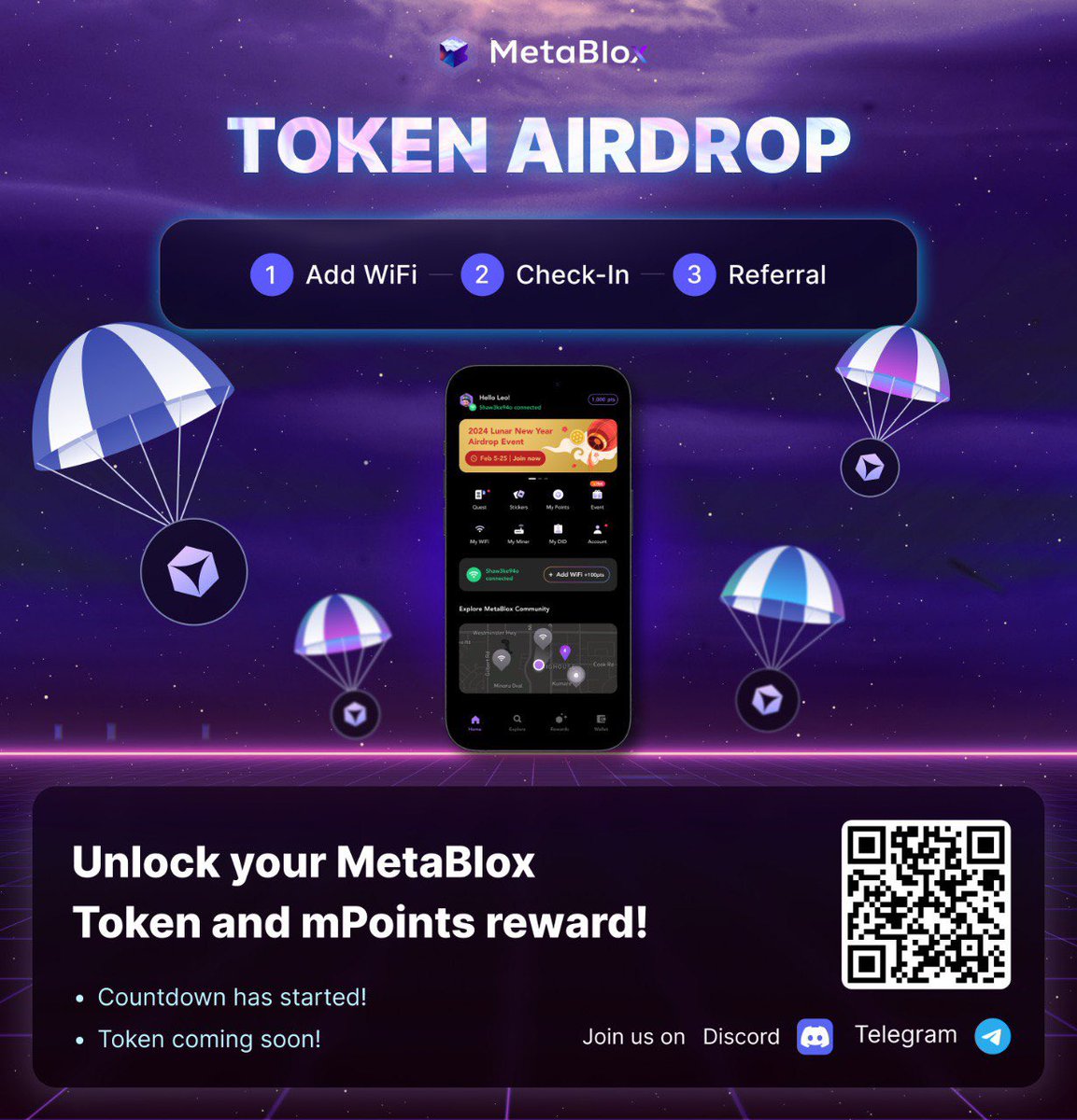 🎉METABLOX TOKEN AIRDROP🎉

🐉 Celebrate Lunar New Year  with MetaBlox! 🐉

⏰ Time: Feb 5th 21:00 (PST) - Feb 25th 21:00 (PST), 2024 

🎯 Rules: Earn MetaBlox tokens by engaging in tasks like adding WiFi nodes, referrals, and Checking-In! The more you participate, the bigger