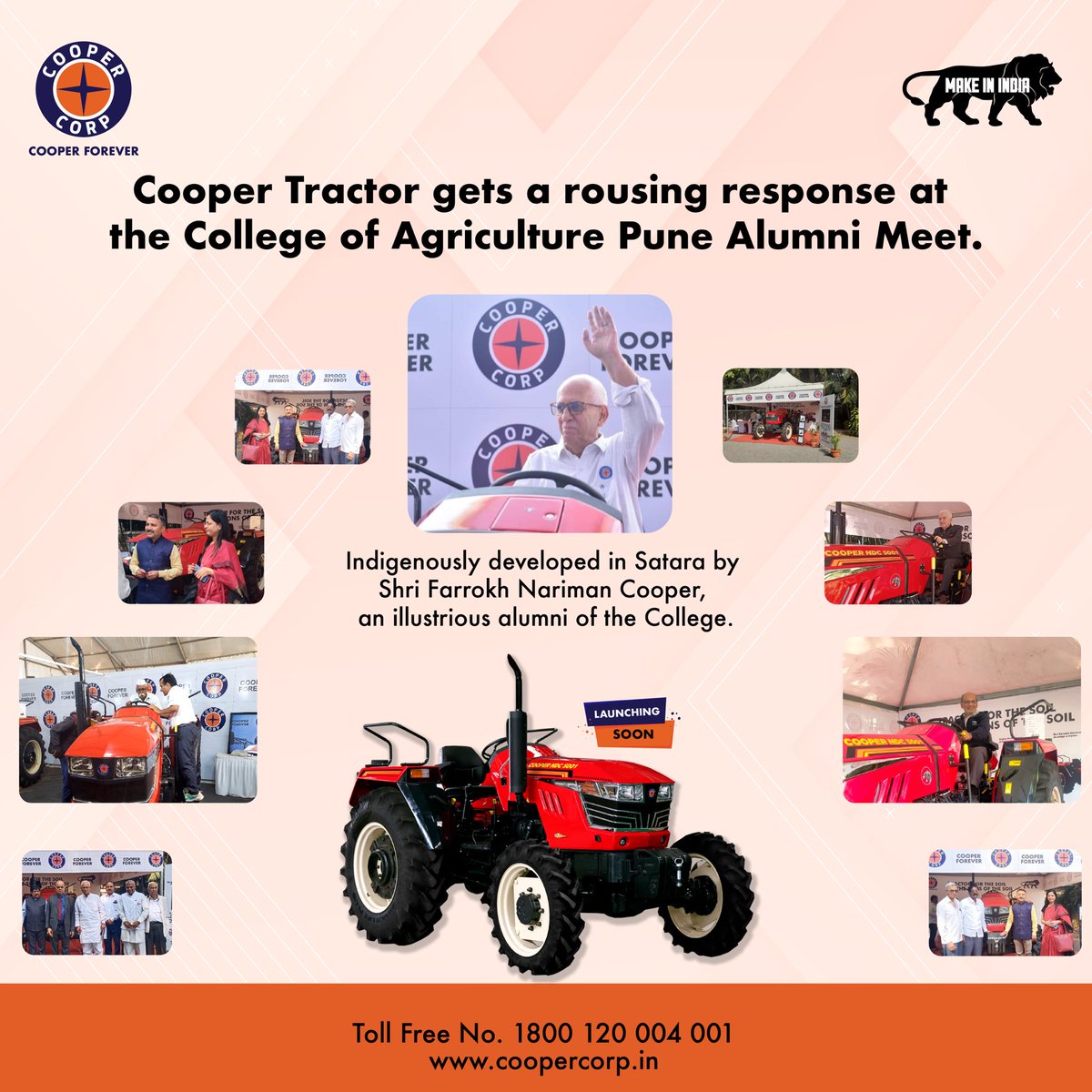 CooperCorpIndia's tweet photo. Cooper Tractor was the highlight at the College of Agriculture, Pune alumni meet held on 31st Jan, 2024. The tractor is the first to be developed by an agriculture graduate in India and a proud alumnus of the college, Mr. Farrokh Nariman Cooper.
#SabseOoperCooper
#CooperTractor https://t.co/NrLJIK8LQF