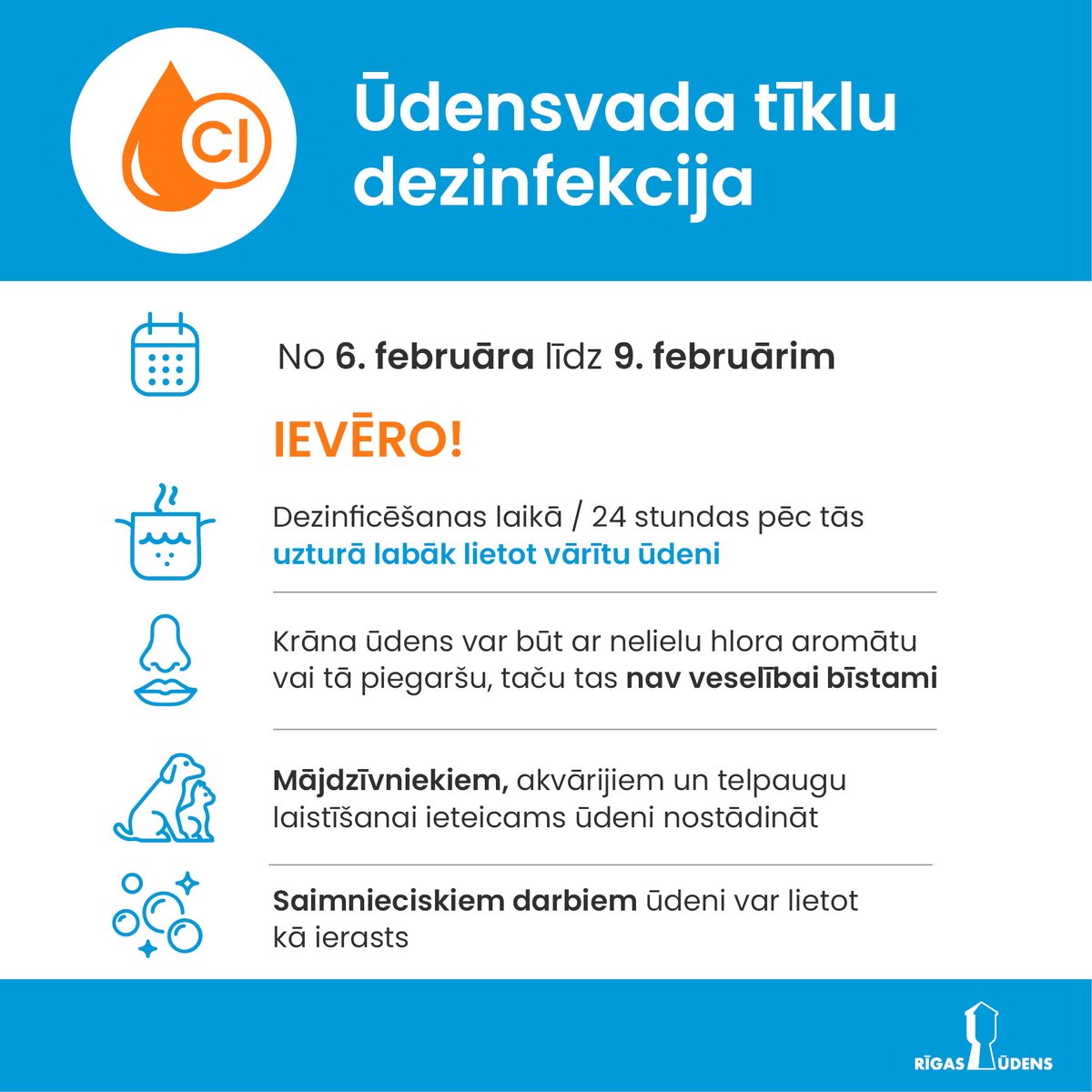 rigasudens's tweet photo. ATGĀDINĀM! No šodienas līdz piektdienai, 9. februārim, notiks ūdensvada tīklu profilaktiskā dezinficēšana jeb hlorēšana. Lai gan veselībai draudus tas nerada, dezinficēšanas laikā un arī 24 stundas pēc tās uzturā ieteicams lietot vārītu ūdeni. Plašāk: https://t.co/1xS2rUH0ZN https://t.co/FJ3LaBZGLu
