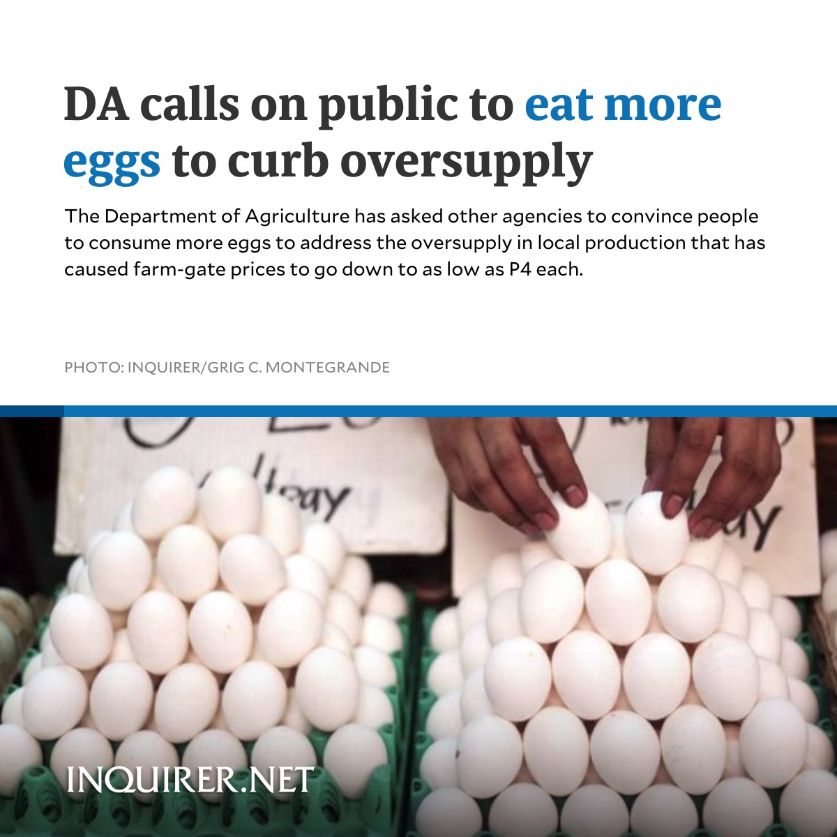 inquirerdotnet's tweet photo. The Department of Agriculture has asked other agencies to convince people to consume more eggs to address the oversupply in local production that has caused farm-gate prices to go down to as low as P4 each.

READ MORE: https://t.co/GTPXPL7PPH https://t.co/ViQJUjzDuq