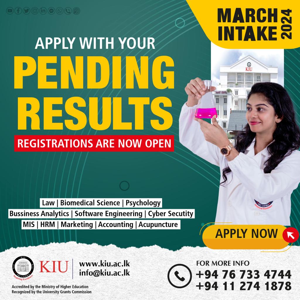 Join our undergraduate programs with pending A/L results.

March 2024 intake registrations are now open!

Law | Biomedical Science | Psychology | Acupuncture | Business Analytics | Software Engineering | Cyber Security | HRM | Marketing | Accounting

#KIU #MarchIntake