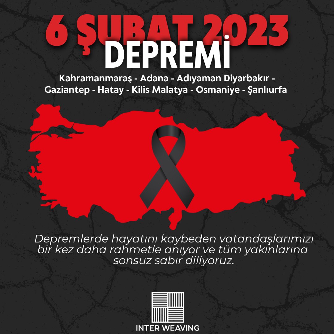 "6 Şubat 2023 Saat 04.17" 
Depremlerde hayatını kaybeden vatandaşlarımızı bir kez daha rahmetle anıyor ve tüm yakınlarına sonsuz sabır diliyoruz.

#Kahramanmaraş - #Adana - #Adıyaman - #Diyarbakır - #Gaziantep - #Hatay - #Kilis - #Malatya - #Osmaniye - #Şanlıurfa