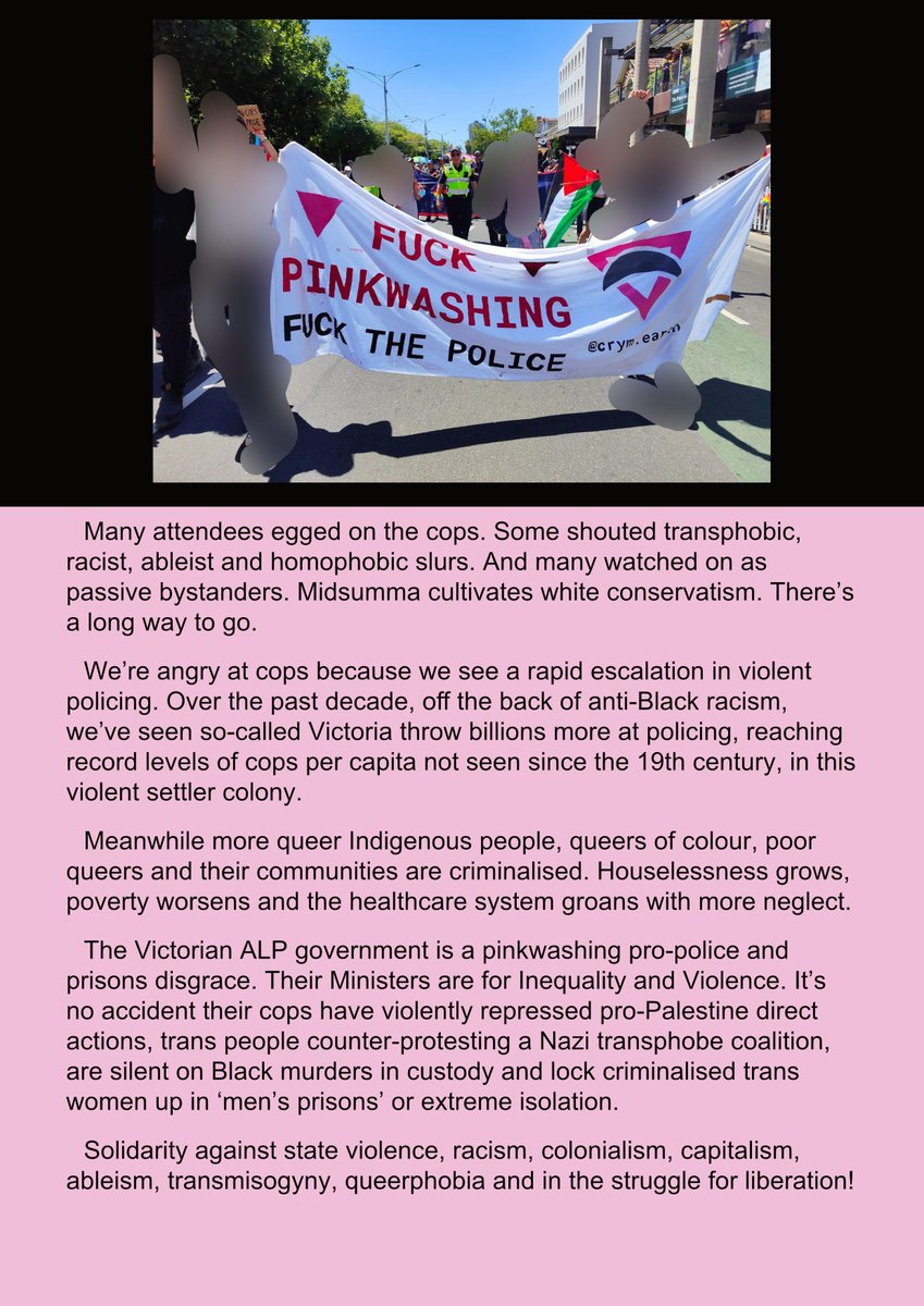 QUEERS MESS WITH MIDSUMMA'S VIOLENT POLICE PINKWASHING (full text here: pastebin.com/4gY18Bqi)