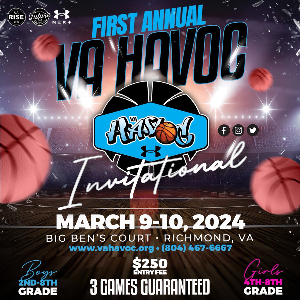 The 1st Annual VA Havoc Invitational Tourney is thee event for teams in the DMV showcase their talents to open up the Spring 2024 AAU Season!  The event is open to boys &amp; girls teams 8U/2nd Grade-14U/8th Grade.  For more info, contact Chris Johnson at 804-467-6667. #UnleashChaos