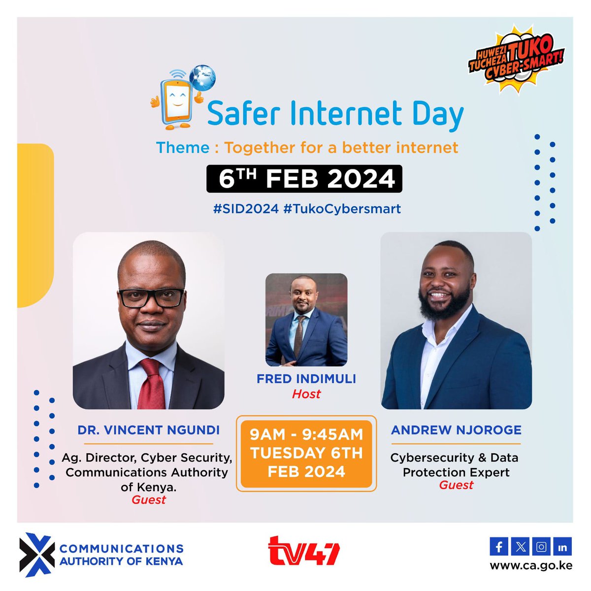 Today is Safe Internet Day. 

 Do you think that the young ones are safe online? 

Join the conversation on Safer Internet Day from 9am at TV47 as @Fredindimuli chats with @VincentNgundi
from @CA_kenya and cybersecurity expert Andrew Njoroge
#CA4SID2024 #TukoCyberSmart