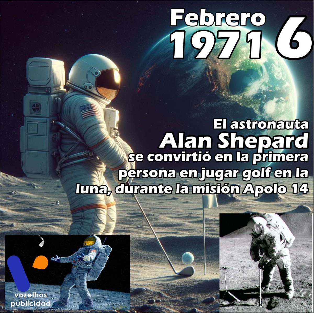 vozethos's tweet photo. Febrero 6 de 1971, Alan Shepard fue la primer persona en jugar golf en la luna, durante la misión Apolo 14 #golf #moongolf #apolo14 #alanshepard #luna #golflunar @vozethos https://t.co/B3VJu9R8Tz