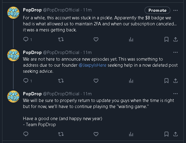 PopDropOfficial's tweet photo. We scheduled this post to be safe:
If we ever get locked out of this account (again), you can be sure by checking one of two places.

1⃣ Our YouTube channel's community tab

2⃣ Such an issue will be mentioned by our founder @JaxpyIsHere 

(Scheduled on Feb 6th, 2024) https://t.co/mKngz8pjRs