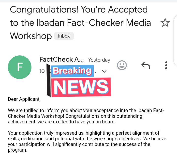 biliaminuismai1's tweet photo. I'm thrilled to be accepted into the FactCheckAfrica Fact-Checker Media Workshop. Let's champion truth together! 
#FactCheckerWorkshop #MediaLiteracy #FightAgainstDisinformation #FactCheckAfrica #JournalismTraining #CriticalThinking #MediaForChange @FactC_Africa, @BrainBuilders01 https://t.co/PRdQe4QNsE