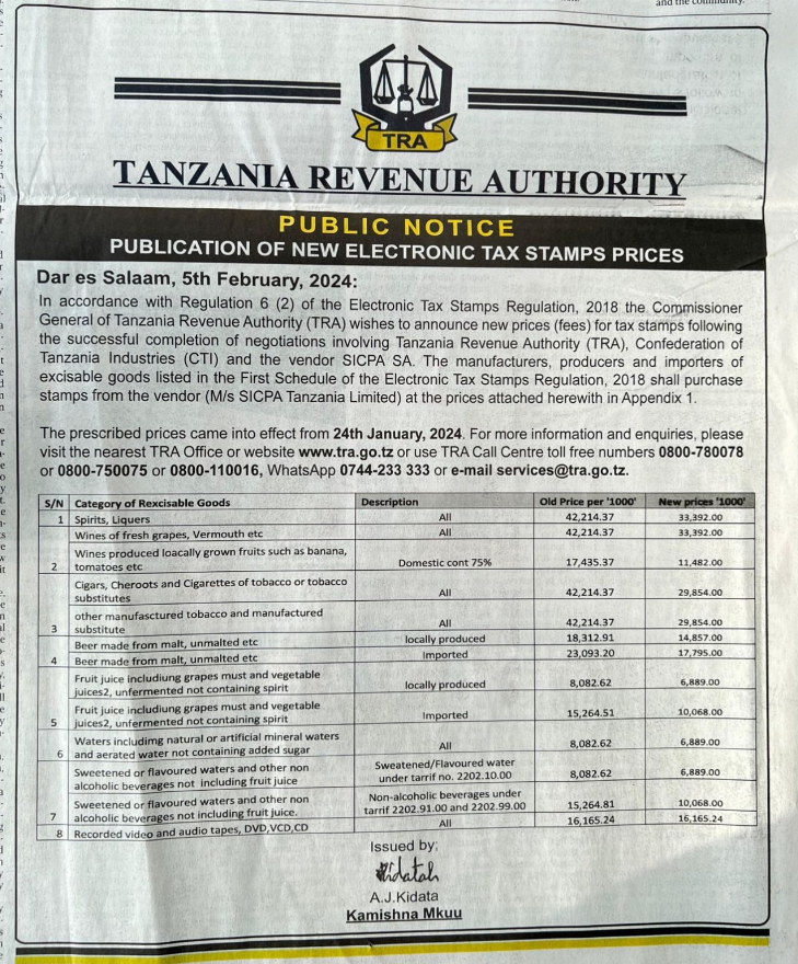 franknidas_cpa's tweet photo. Publication of new electronic tax stamps prices. The new prices came into effect from 24th January 2024. #TaxConsultant #PlusTax @TRATanzania https://t.co/zb27YBLHGo