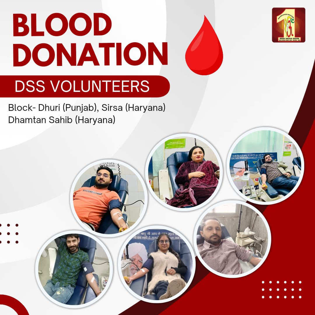 DSSNewsUpdates's tweet photo. Dera Sacha Sauda volunteers are lifesavers, donating blood for patients in critical need. In situations where the right amount of blood can mean the difference between life and death, these donors are not just doing noble work, but are actual life-savers. Let's join them in this crucial mission. Donate blood🩸, save a life. #BloodDonation #SaveLives #DeraSachaSauda