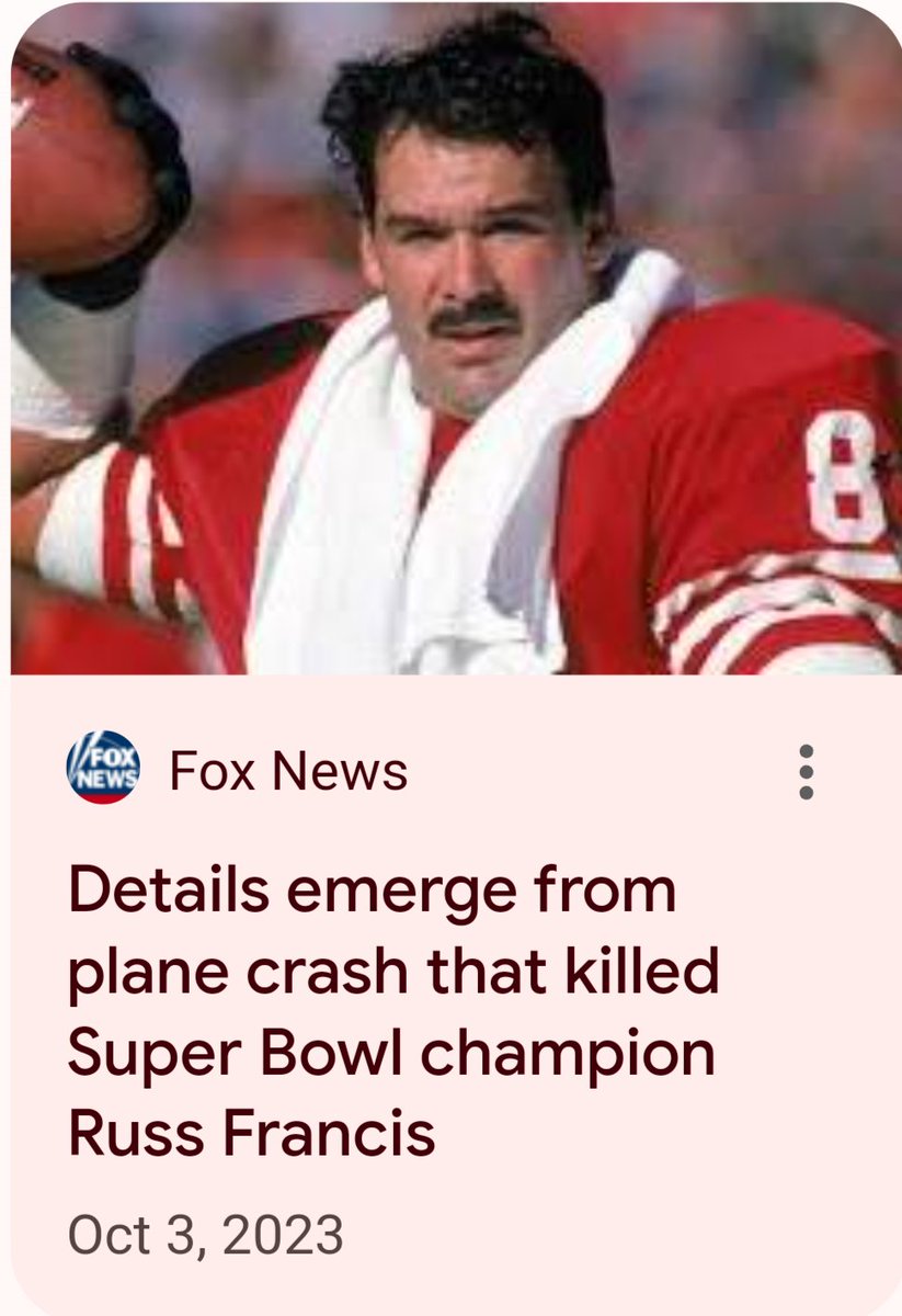 TREVSKEE's tweet image. Russ FRANCIS, of the San FRANCISCO 49ers, died in a &quot;plane crash&quot; right before Superbowl 58 on the anniversary of the 58 killed in Las Vegas in 2017.
Las Vegas NV=58
Pope Francis =58
SB58 to be played on Vatican city&apos;s birthday

Francis=70
Died at 70
#gematria #nflscripted