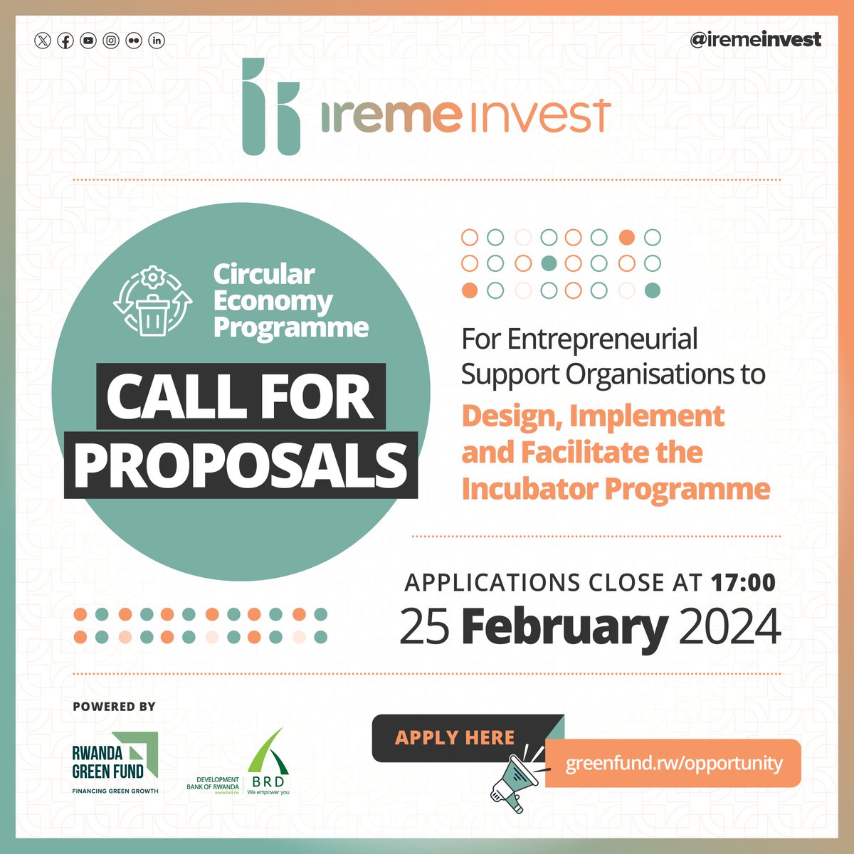 The #RwandaGreenFund is seeking qualified Entrepreneur Support Organizations (ESO) to provide consulting services to businesses in the Waste and Circular Economy and Climate Smart Agriculture cohorts to be selected for Grant funding.

Find out more on greenfund.rw/opportunity