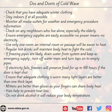 ndmaindia's tweet photo. #ColdWave | Avoid the effects of cold waves by following these do's and don'ts.
#ColdwavePreparedness
#Coldwave https://t.co/l6WqfWaqtM