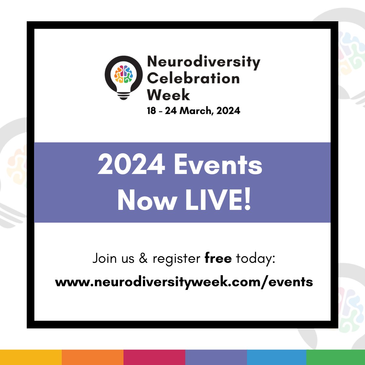 With less than 6 weeks to go until #NeurodiversityCelebrationWeek 2024, we are excited to share that our events schedule is now LIVE! 🌟

See the full schedule & register now 🗓️
neurodiversityweek.com/events

#NeurodiversityWeek #NCW #ThisIsND #Neurodiversity #Neuroinclusion #Events