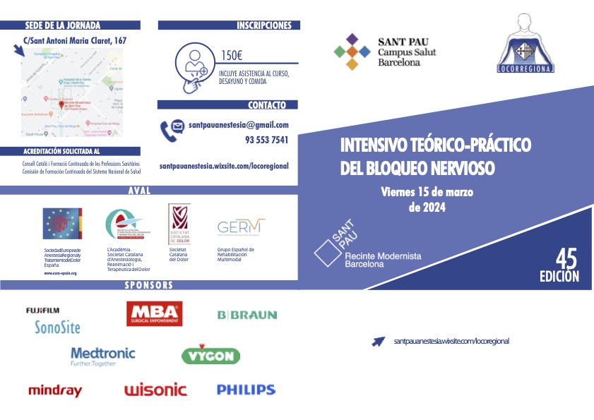 Continúan abiertas las inscripciones para la 45 edición del Curso de Anestesia Locorregional del Hospital de Sant Pau, el próximo 15 de marzo.

Podéis consultar más información en la página web: santpauanestesia.wixsite.com/locoregional
Link de inscripciones: docencia.recercasantpau.cat/ca/enllac-a-in…