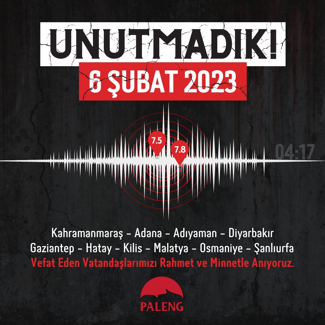 PalengTurkiye's tweet photo. #AsrınFelaketi 'nin 1'inci yıl dönümünde; Ülkemizin vilayetlerinde meydana gelen depremlerde yaşamını yitiren kardeşlerimizi rahmetle anıyoruz.  Cenâb-ı Haktan bir daha böyle afetlerin yaşanmamasını niyaz ediyoruz.  Ruhları şad, mekanları cennet olsun. 

#Deprem #6şubat2023 https://t.co/EemmsXEVTn
