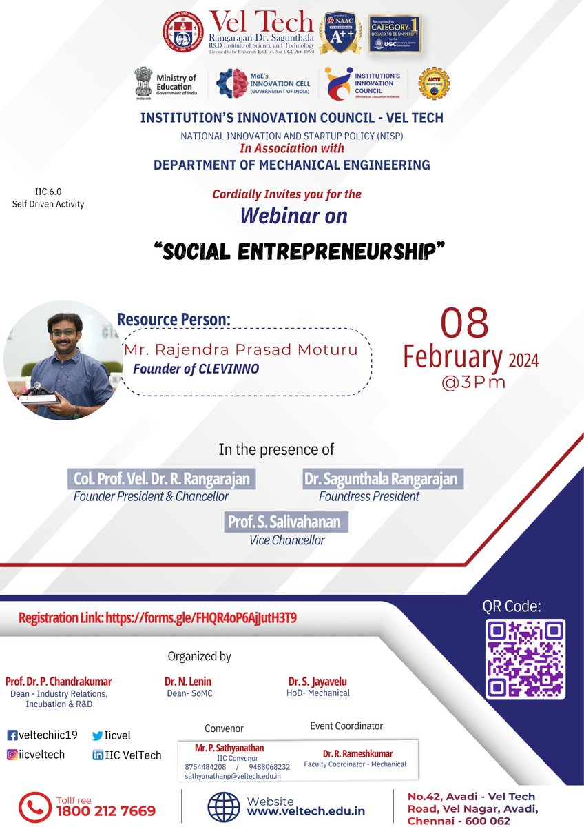 IicVel's tweet photo. IIC – Vel Tech &amp; Mechanical is happy to cordially invite you all Webinar on “Social Entrepreneurship” 08.02.2024, 03:00pm to 04:00pm.

Resource Person:
Mr. Rajendra Prasad Moturu,
Founder of CLEVINNO WATER FOUNDATION 💧.

Free Registration: https://t.co/uCfeqnJtxV https://t.co/gdxkDQNGf3