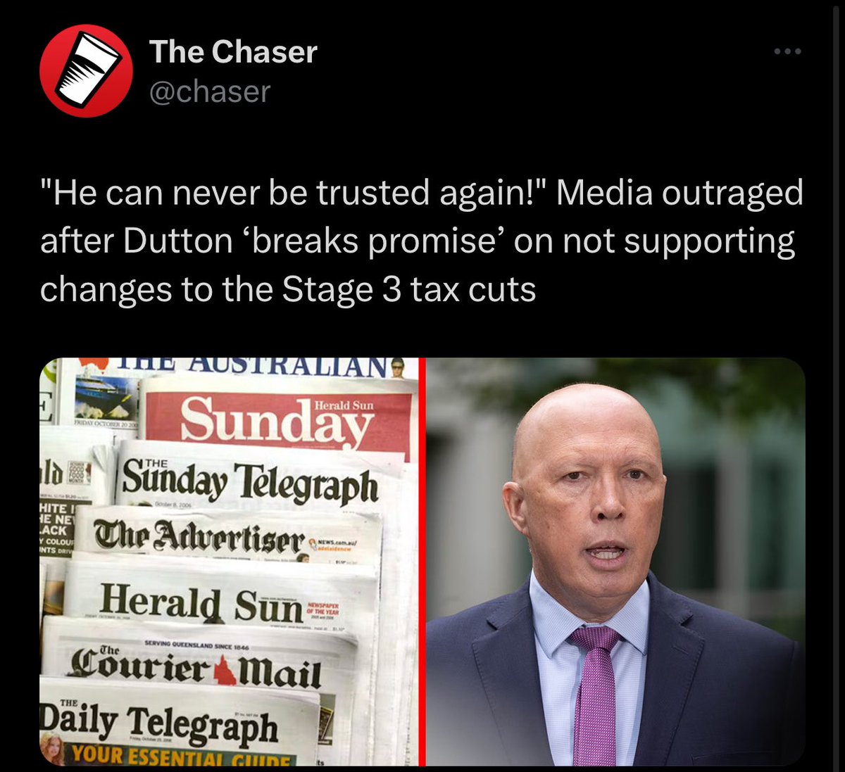 christianlexus's tweet photo. @chaser Satire is far more effective than Dutton’s absurd ‘SloganSpeak’. The man appears to be fed bumper stickers to regurgitate.
The wannabe PM runs a party that leads a disconnected quasi alliance with The Nats to form the decidedly broken Coalition better branded the Dissociation.😏 https://t.co/76g15E0ju7