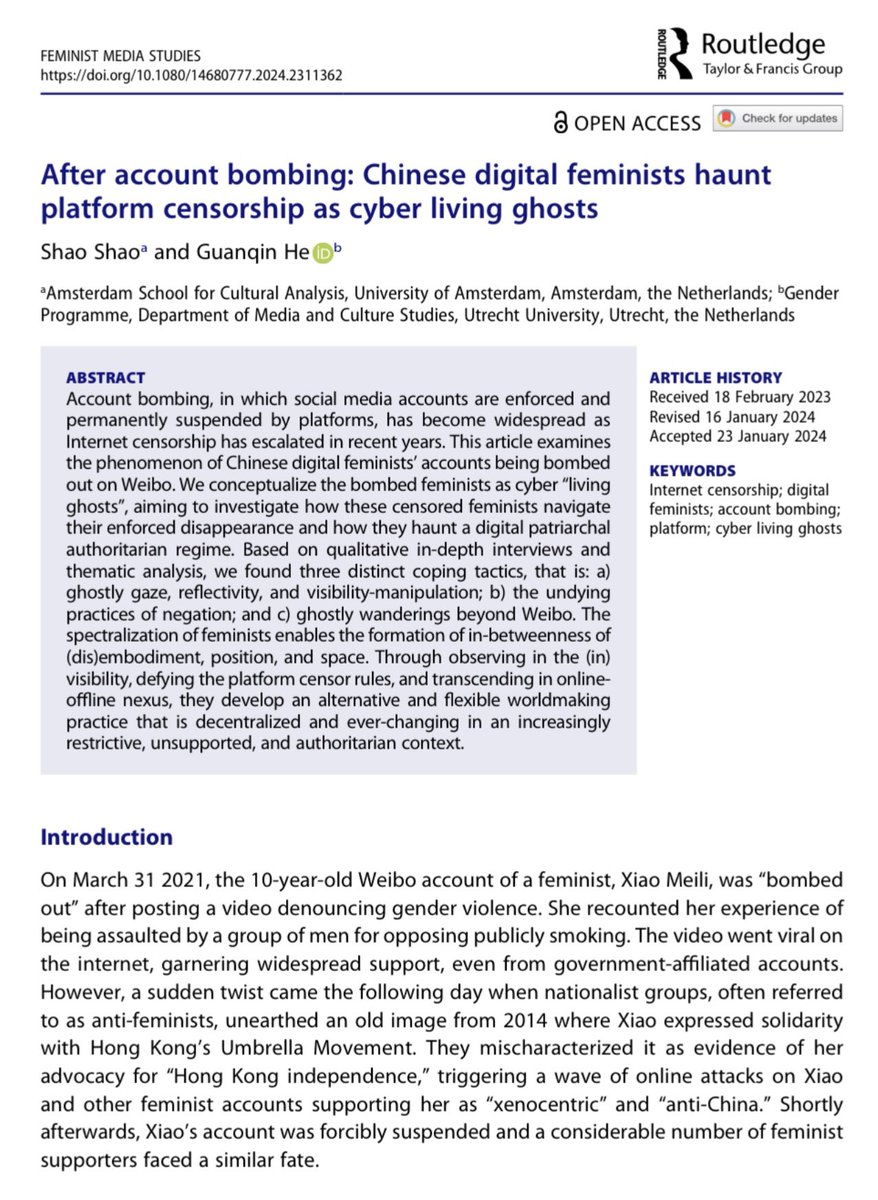 guanqinhe (@guanqinhe) on Twitter photo Thrilled to share new publication on <a href="/FemMediaStudies/">Feminist Media Studies</a>. We look into the account suspension in digital feminism in China, and conceptualize cyber living ghosts as new forms of subjectivity of these banned feminists to react to online enforced disappearance tandfonline.com/doi/full/10.10… Thrilled to share new publication on <a href="/FemMediaStudies/">Feminist Media Studies</a>. We look into the account suspension in digital feminism in China, and conceptualize cyber living ghosts as new forms of subjectivity of these banned feminists to react to online enforced disappearance tandfonline.com/doi/full/10.10…