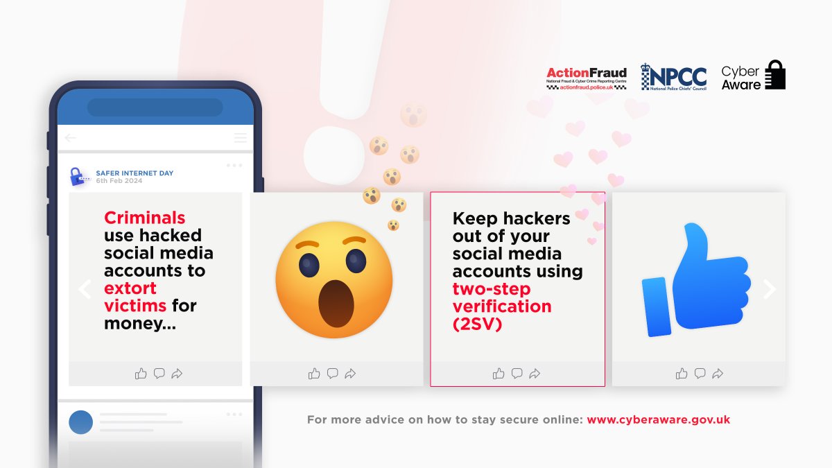 🚨 Email and social media account hacking is the most reported form of cyber crime in the UK.

✅Are you using strong passwords and 2-step verification (2SV) to protect your accounts? ncsc.gov.uk/cyberaware/home

#TurnOn2SV #SaferInternetDay
