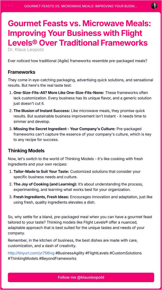 klausleopold's tweet photo. And again, sorting some thought. I think that's a very nice picture: "Gourmet Feasts vs. Microwave Meals: Improving Your Business with Flight Levels® Over Traditional Frameworks" 😊

https://t.co/NKVqo5ead9 #FlightLevels #BeyondFrameworks #ThinkingModel https://t.co/Jf9aTd7BRo
