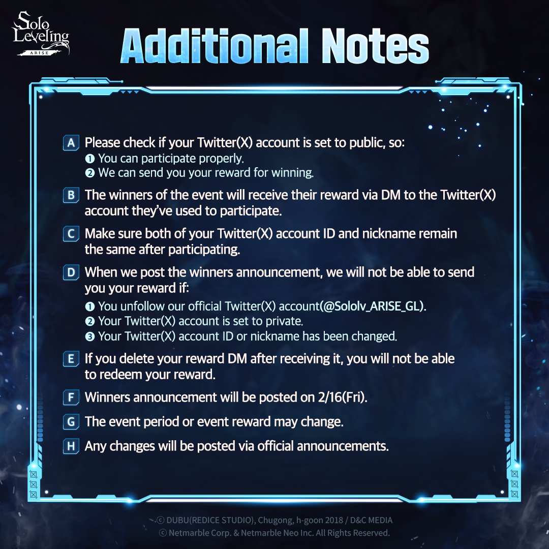 Sololv_ARISE_GL's tweet photo. ◤                                 ◥
       Solo Leveling
        #QuizEvent
◣                                 ◢

Sung Jinwoo joins Hwang Dongsuk's Strike Squad Raid!
He encounters _______ as a teammate who is in the same situation as Sung Jinwoo!

He has an energetic personality and is a loyal partner of Sung Jinwoo.
From the description above, who can this be?

✅ How to participate
1. Follow our official Twitter(X).
2. Retweet this post.
3. Submit your answer in the comments.

⏰ Event Period : 02/06 (Tues) - 02/13 (Tues) 23:59
🎁 Reward : In-game secret coupon (5 hunters)

✅ Additional info
- Winners will be announced on 02/16(Fri).
- Event period is subject to change.
- Any changes to the event will be updated through this post.

#sololevelingARISE #sololeveling #onlyIlevelup #netmarble #YooJinho