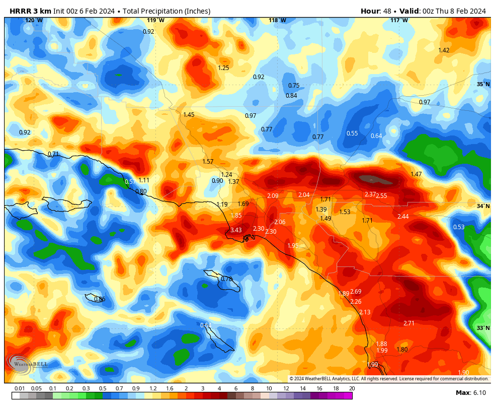 MyRadarWX's tweet image. Thread on the #AtmosphericRiver event slamming #California – some key changes are taking place with the system.

For starters, Los Angeles downtown has another 1.5 to 2.5 inches of rain coming, leading to widespread 8 inch totals.

The city averages 2.99" of rain during February.