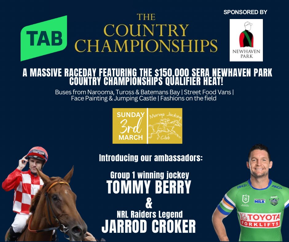 🏉 INTRODUCING OUR AMBASSADORS 🏇 We have G1 winning @TommyBerry21 & NRL legend @Jarrodcroker joining us in Moruya on March 3rd for our @ChampionshipsRR @NewhavenPark Raceday! These guys are going to add some serious flare so don’t miss it! @racing_nsw @picnic_racing
