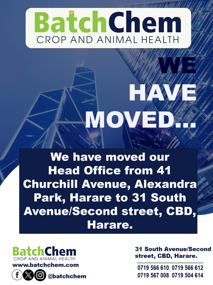 Exciting News! 
Our Offices Have a New Home!
 
We Are Now At: Number 3 IHK Building, 31 South Avenue/Second Street, CBD, Harare.
#ourproductsyourprogress