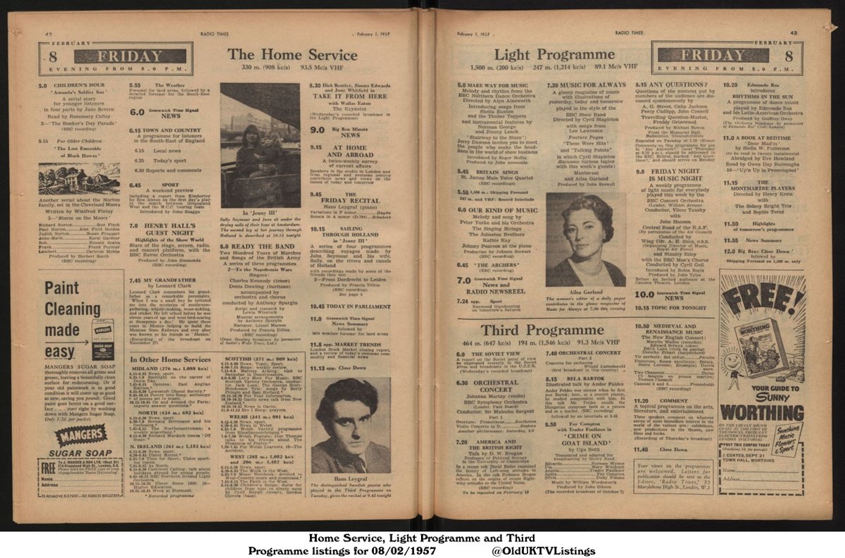 Home Service, Light Programme and Third Programme listings for 08/02/1957 - Radio Times, 01/02/1957 issue (pages 42 and 43)

READ: genome.ch.bbc.co.uk/page/cf2b4a012…