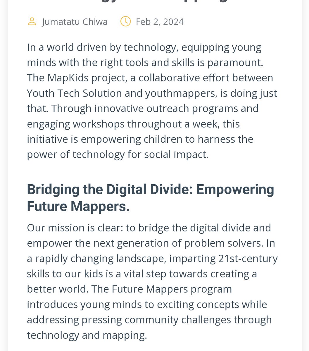 Through outreach programs and engaging workshops <a href="/youthtechsoln/">youth tech solution</a> and <a href="/youthmappers/">YouthMappers</a> chapters in Tanzania aim to bridge the digital divide and empower the next generation of problem solvers .
  #Mapkids