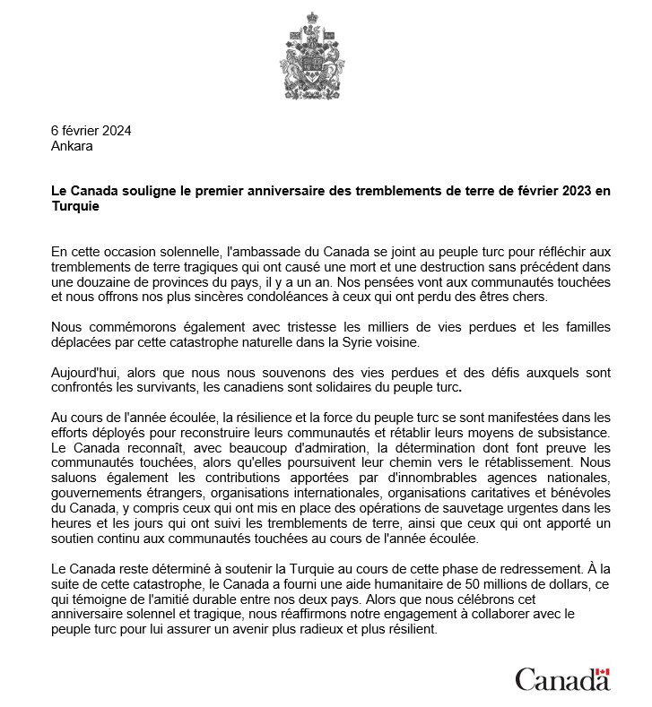 Nous nous joignons au peuple turc pour commémorer les #tremblementsdeterre tragiques de 2023. Nos pensées vont aux communautés touchées et nous offrons nos plus sincères condoléances à ceux qui ont perdu des êtres chers. #6Şubat2023