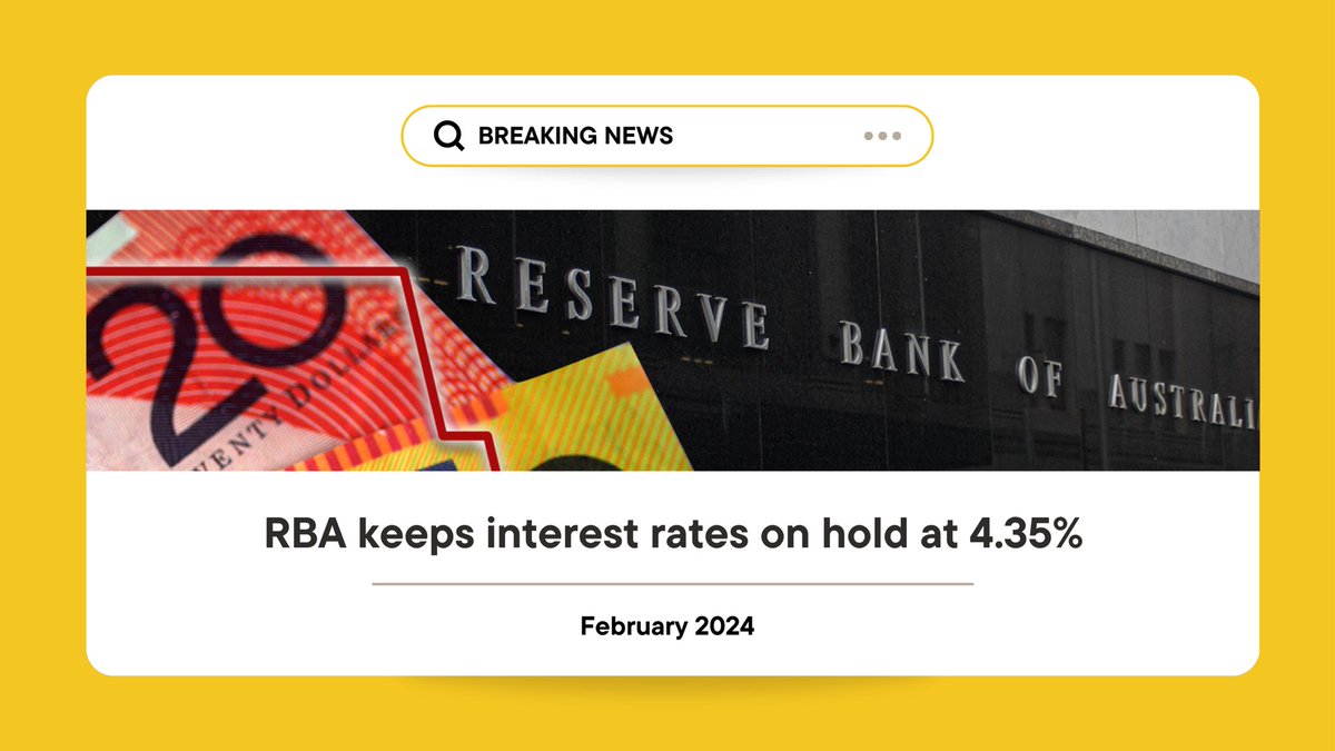 hivewise_au's tweet photo. The official cash rate was held at 4.35% for February.

📉Inflation has continued to drop sitting at 4.1%

👨‍🌾 Job market remains tight, but is cooling

📈 RBA is not ruling out the possibility of increasing interest rates again

#RBA #interestrates #inflation #Australia https://t.co/BncJBMVRCG
