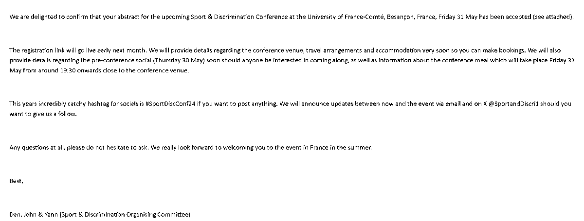 #Accepted I am delighted to have my abstract selected for the upcoming
Sport and Discrimination conference in May. I look forward to presenting some recent findings of my sports and migration projects #SportDiscConf24