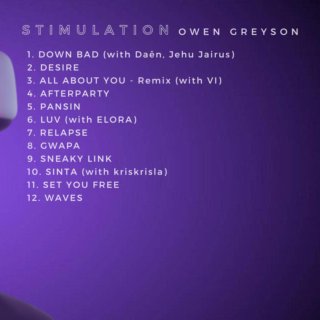 Track list for my album “𝗦𝗧𝗜𝗠𝗨𝗟𝗔𝗧𝗜𝗢𝗡” out on February 15, 2024.

Maraming salamat sa pagsama nyo saken sa pagbuo nito 🙌🏾

Pre-Save link: push.fm/ps/stimulation…