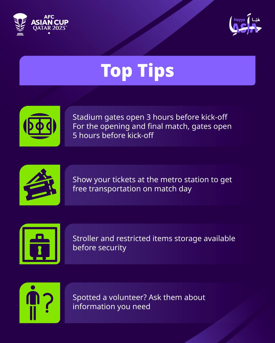 Qatar2023Go's tweet photo. We urge fans attending the #AsianCup2023📷 matches to arrive early and follow the following tips.

Learn more 👇 
https://t.co/f15u41OAvL https://t.co/yQf4vwsAyG
