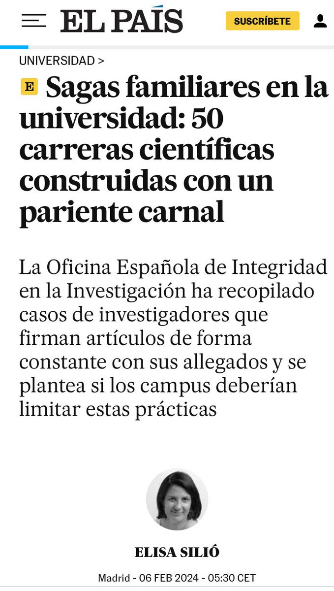 Imprescindible artículo de <a href="/ElisaSilio/">Elisa Silió</a> en <a href="/el_pais/">EL PAÍS</a> que refleja muy claramente una gran pregunta ¿se deberían regular las situaciones de parentesco en la academia e investigación?

elpais.com/educacion/2024…