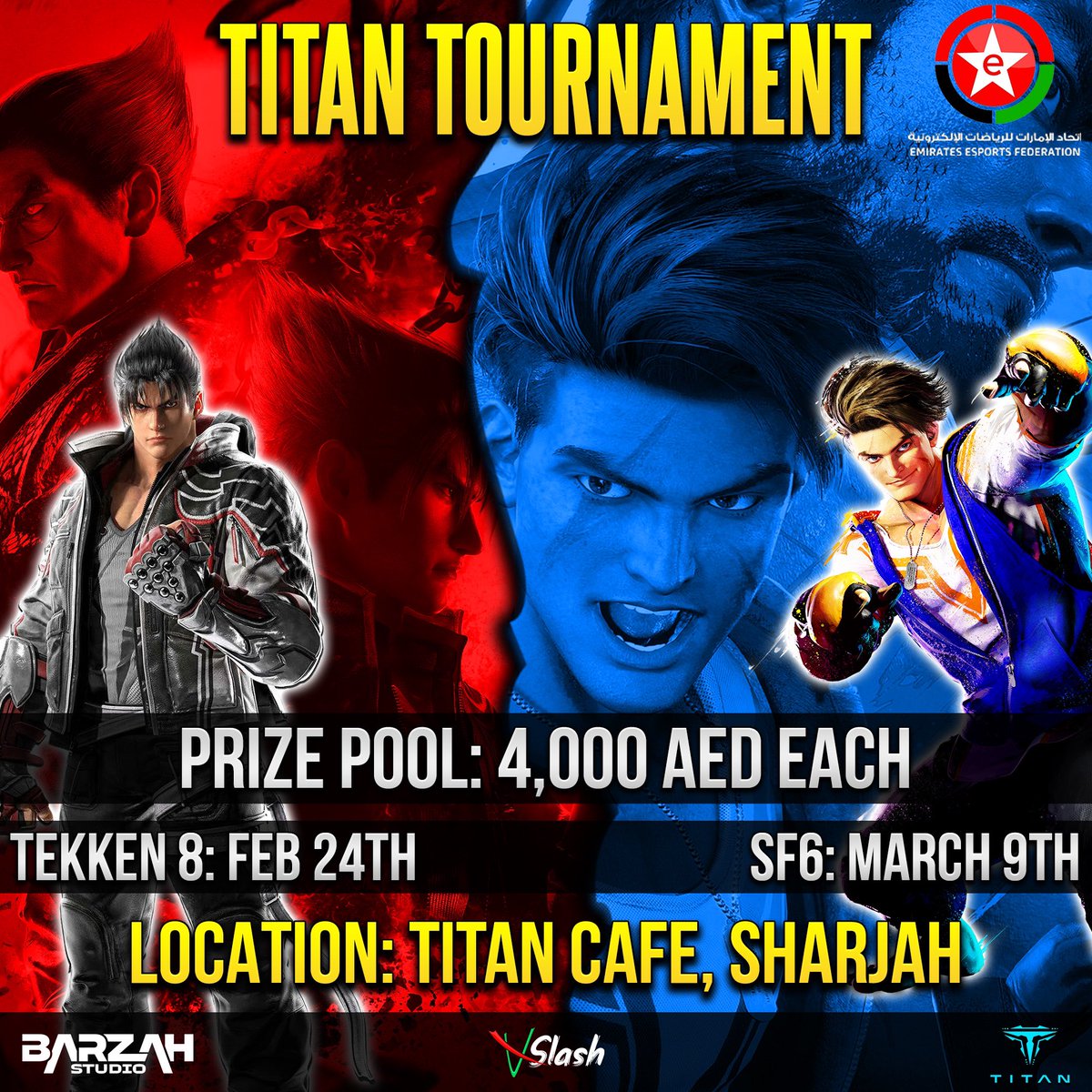 TITAN, @VslashEsports, and @Barzahstudio are teaming up for another monthly tournament! Exciting news – we're introducing Tekken 8 to our lineup! 🔥 Street Fighter 6 champs, fear not – we kick off March with our 5th SF6 tournament! 🎮🏆