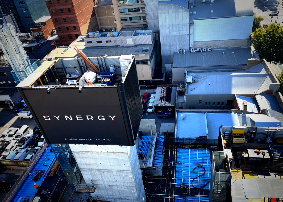 SynrgyConstruct's tweet photo. Take a look at this aerial view of our Victoria Tower site. The jump forms are used to form, reinforce, and pour all of our central core vertical walls, creating the stairwells and lift shafts. https://t.co/2T2RJ0xbP5