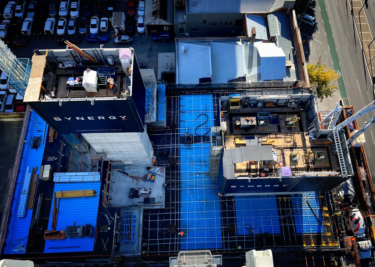 SynrgyConstruct's tweet photo. Take a look at this aerial view of our Victoria Tower site. The jump forms are used to form, reinforce, and pour all of our central core vertical walls, creating the stairwells and lift shafts. https://t.co/2T2RJ0xbP5
