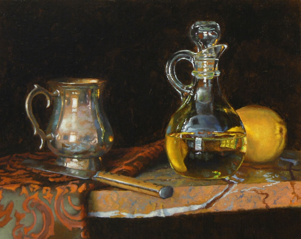My favorite part of this painting is definitely that wonderful slab of stone. For your enjoyment, this is 'Silver, Knife, Oil, and Lemon' from 2014, oil on linen on panel, 8x10 inches / 20x25 cm (sold). #art #painting #stilllife